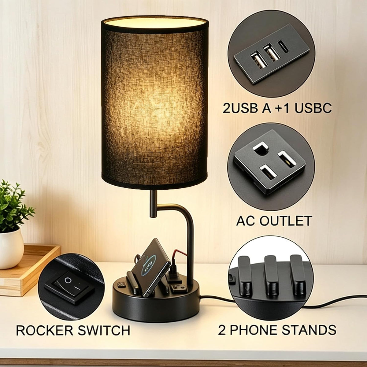 Dreamholder 2 Pack Table Lamp, Bedside Lamp with 3 USB Charging Ports & A...