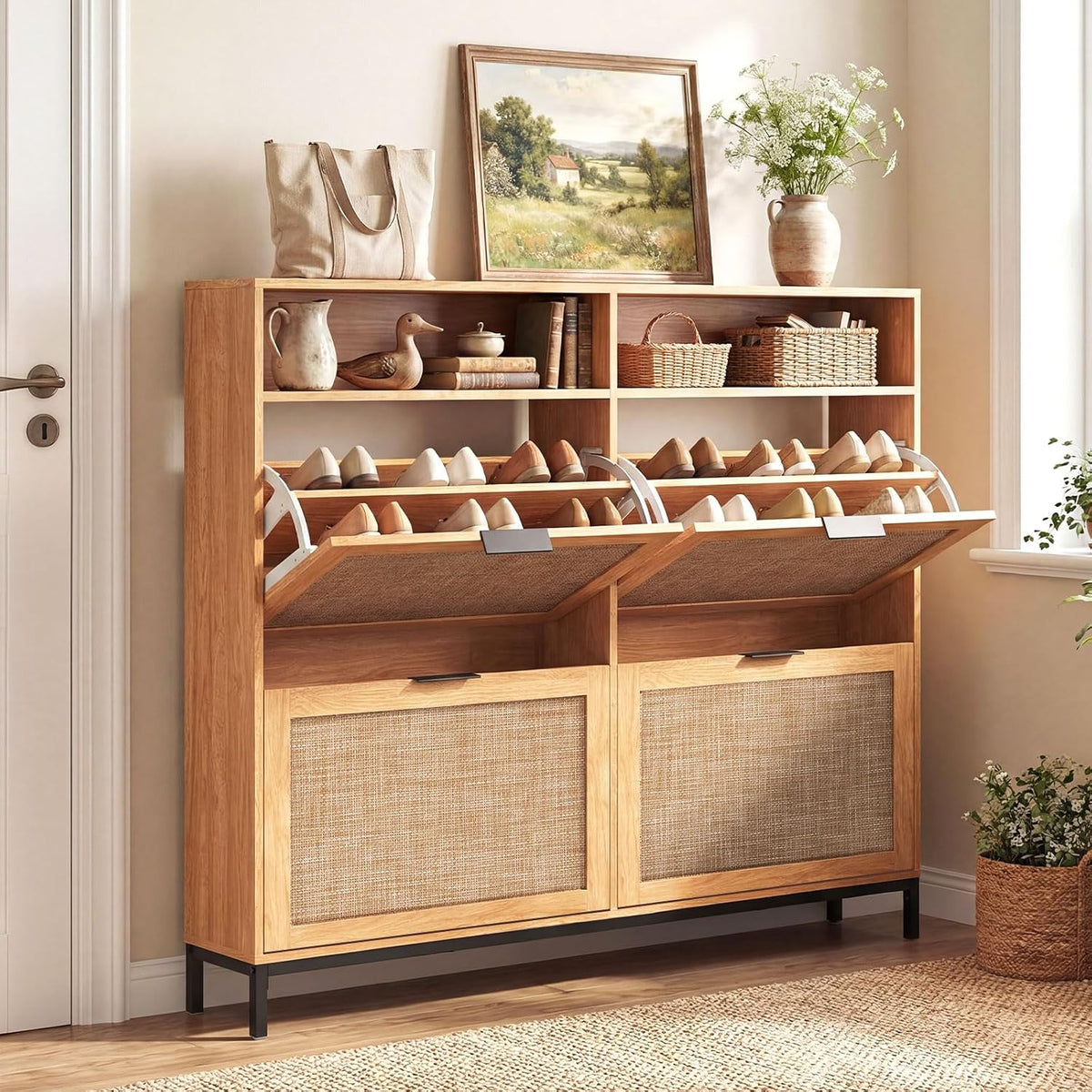 GIANTEX Slim Shoe Storage Cabinet with 4 Flip Drawers & 2 Open Compartments
