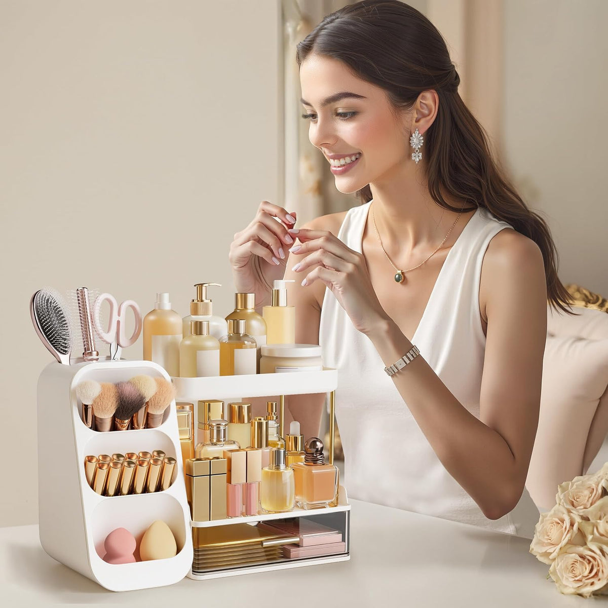 HBlife Bathroom Organizers and Storage with Brush Holder for Vanity, 3 Tier P...