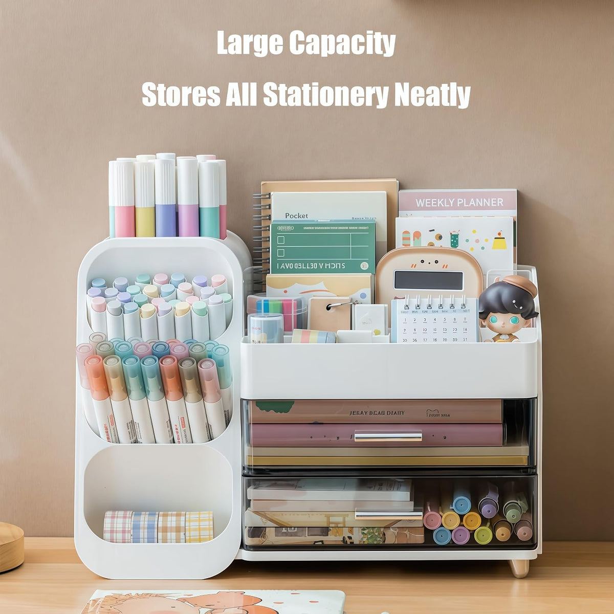 Desk Organizer with Pen Pencil Holder, Pen Organizer with 2 Drawers & 4 C...