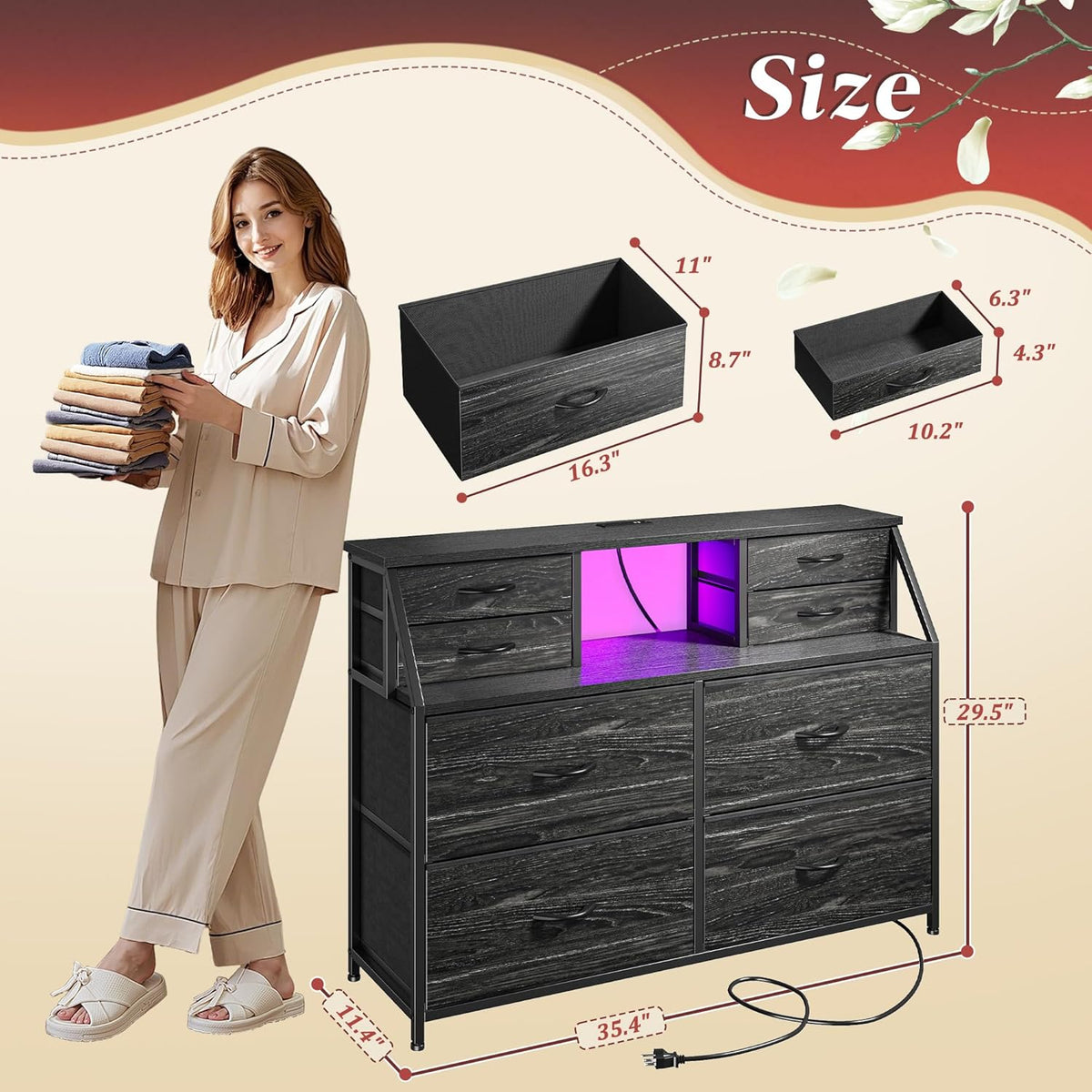 Romorgniz 8-Drawer Dresser with Charging Station & LED, Storage Organizer