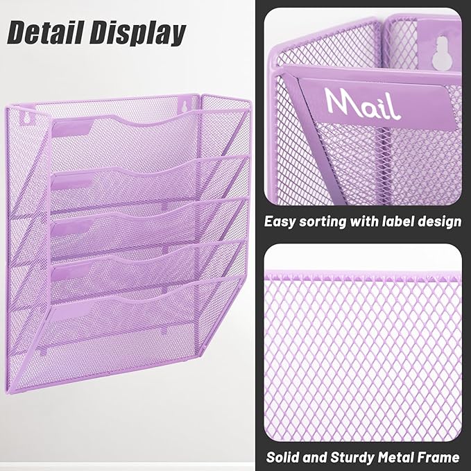 EASEPRES 5 Pocket Mesh Hanging Wall File Organizer, Wall Mounted Mail Paper - Image 4