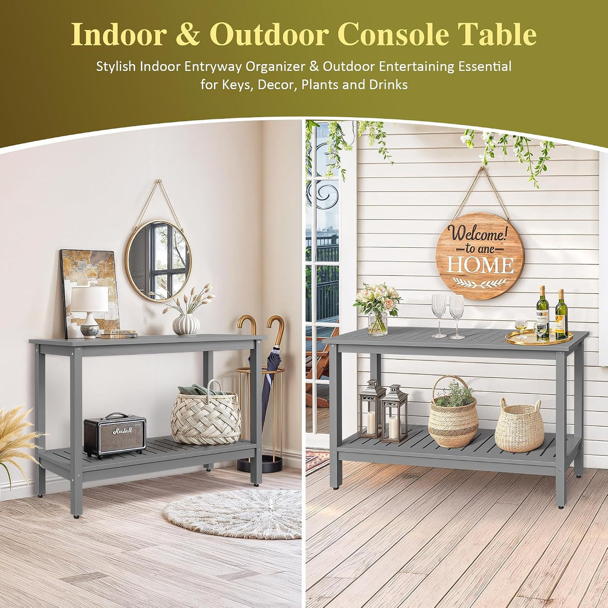 SUPER DEAL 48 inch Outdoor Console Table, 2-Tier Solid Wood Side Table Multif...