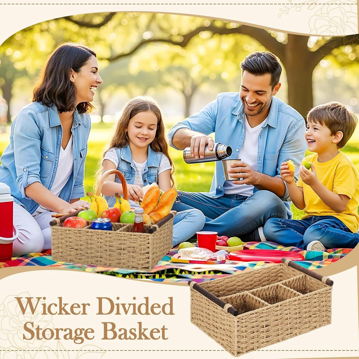 Remerry Beige Bathroom Countertop Organizer Caddy, Wicker-Like Divided Basket...