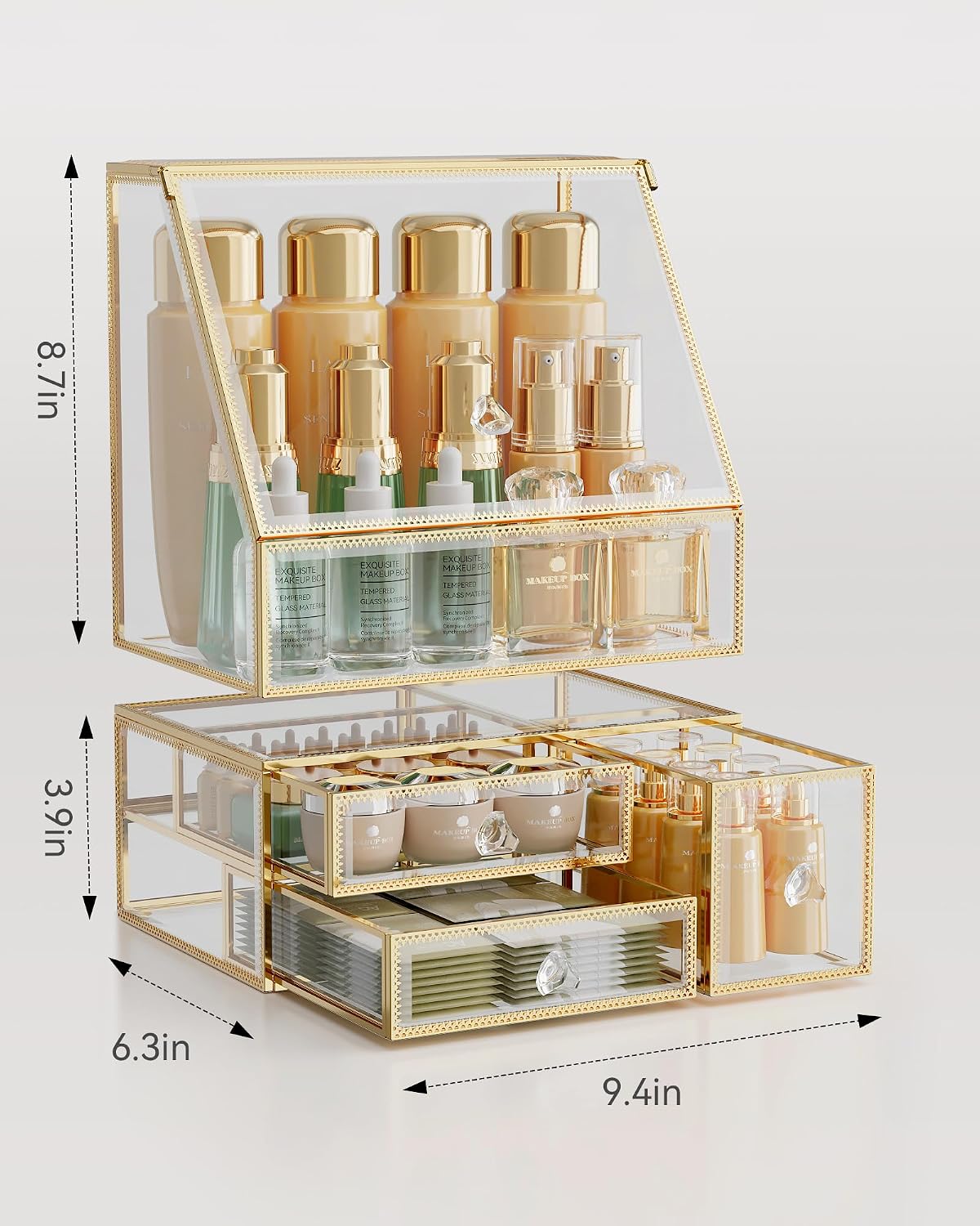 CoralHouse Glass Makeup Organizer with Lid and Drawer for Vanity, Clear
