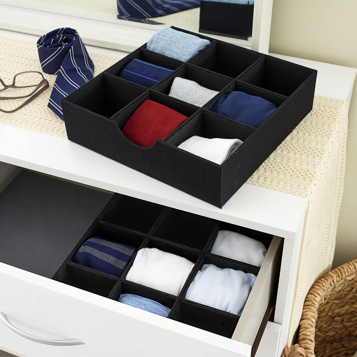 Household Essentials Drawer Organizer Tray with Fabric Cover and 9 Square Com...