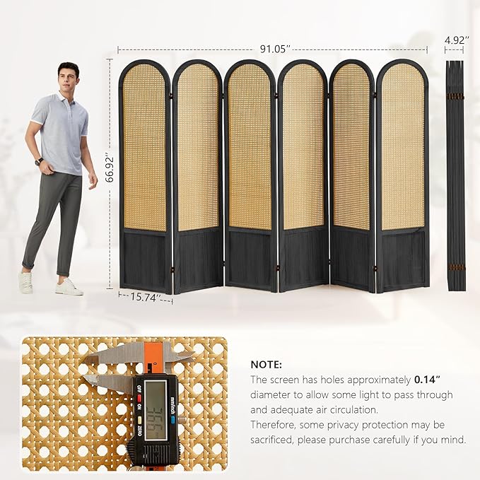 Asnefeli Room Divider 4 Panels, Folding Privacy Screen, Foldable Wood Rattan - Image 3
