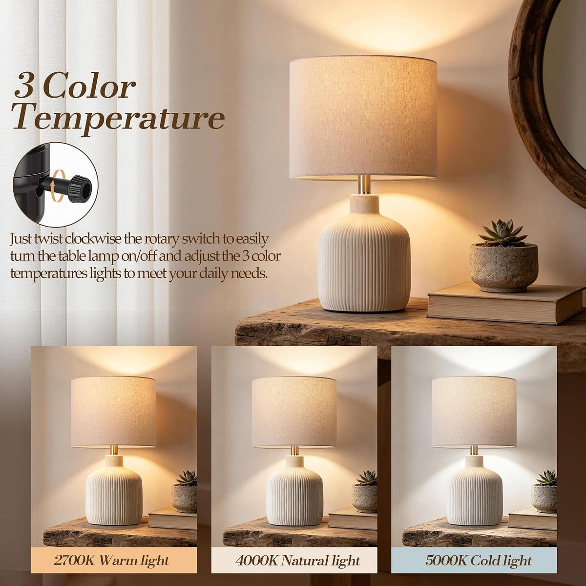 Rustic Ceramic Table Lamp for Living Room Bedroom, 17.75" Nightstand Lamp
