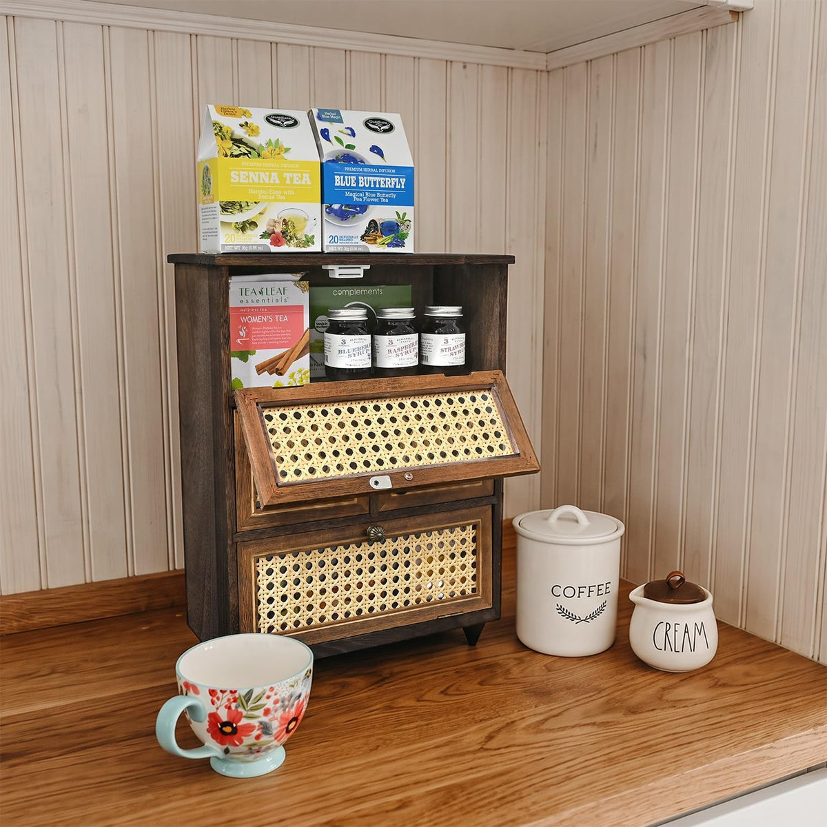 Ikee Design Small Rattan Countertop Storage Cabinet with Doors with Shelves