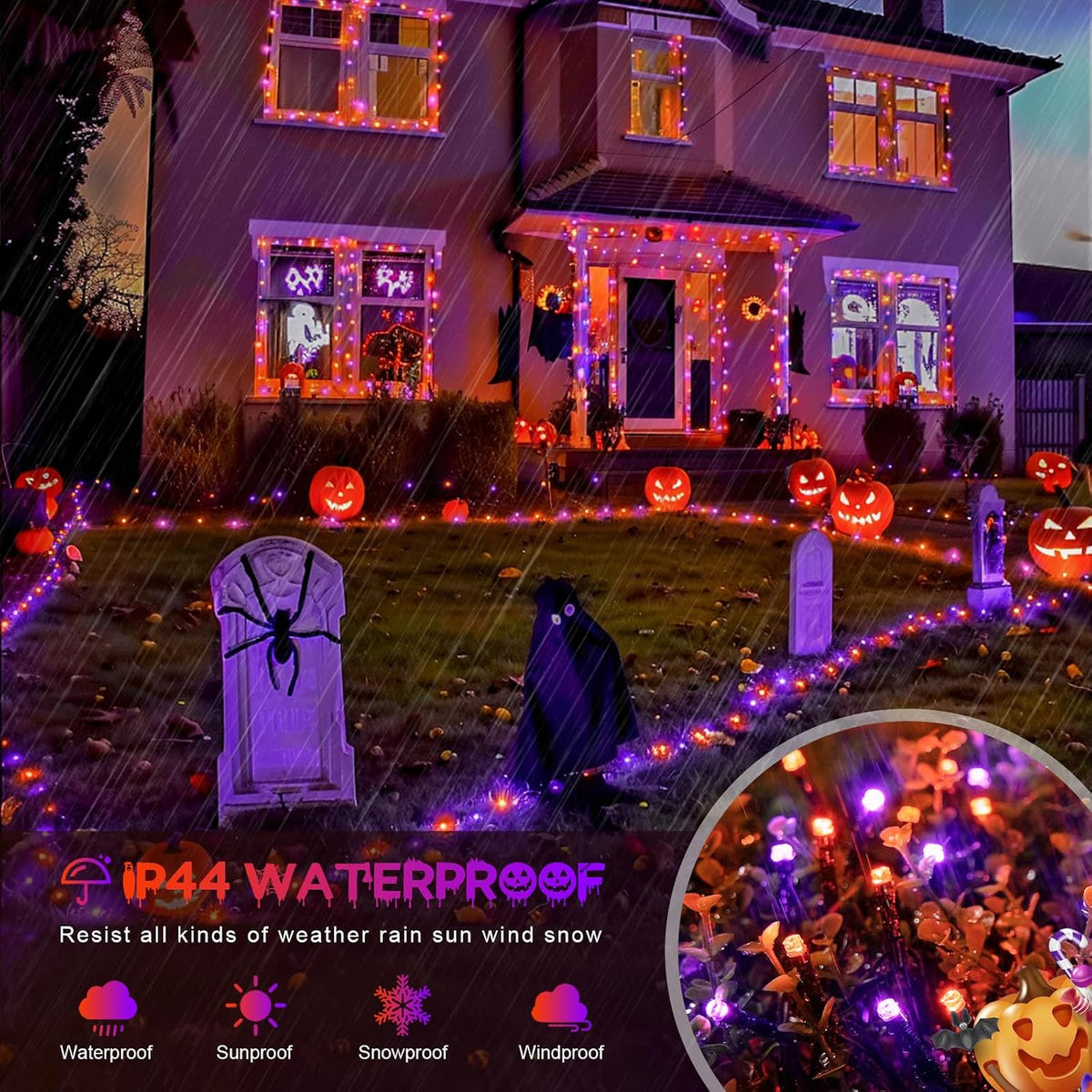 JMEXSUSS 800 LED Orange and Purple Halloween Lights Outdoor with 8 Modes