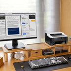 dual monitor stand riser with drawer for desk, front angle view