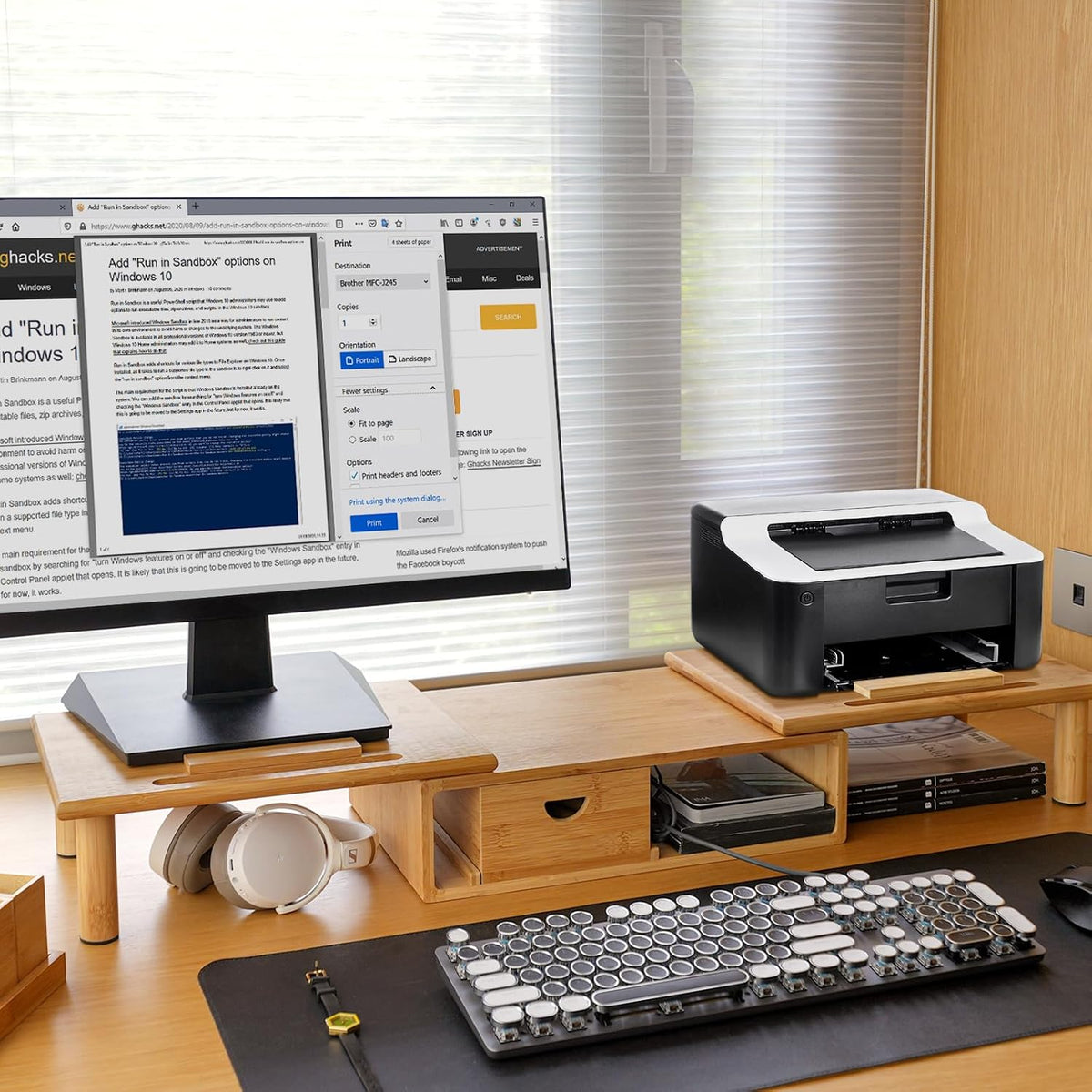 dual monitor stand riser with drawer for desk, front angle view