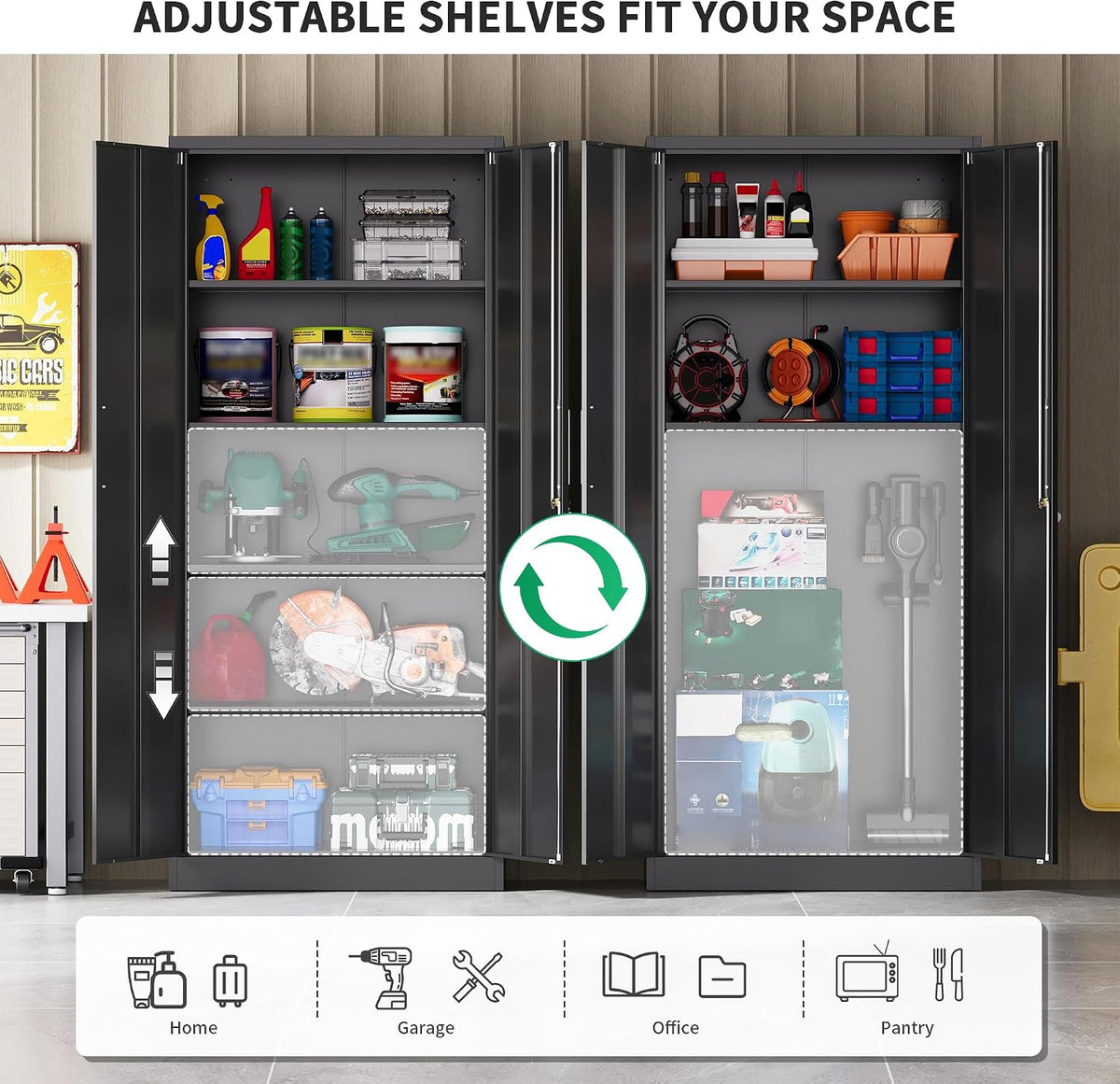 metal garage storage cabinet, durable metal storage solution showing dimensions