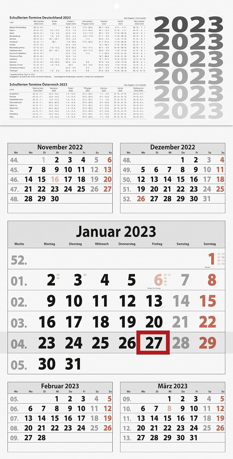 BRUNNEN 5-Month Calendar 2023 30 x 59 cm, One Piece Back: Grey