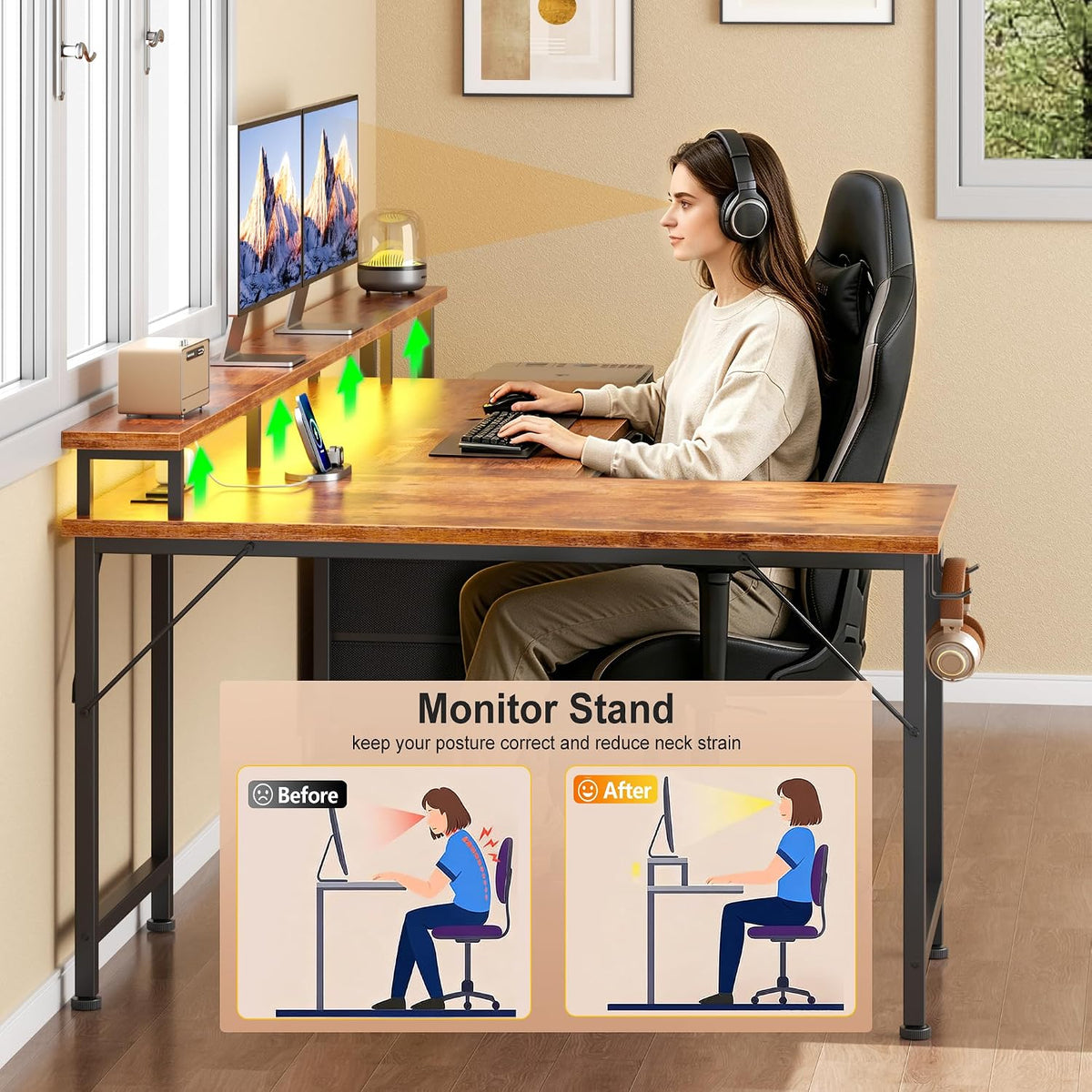 Korfile 57'' L Shaped Computer Desk with Storage Drawers, Power Outle...
