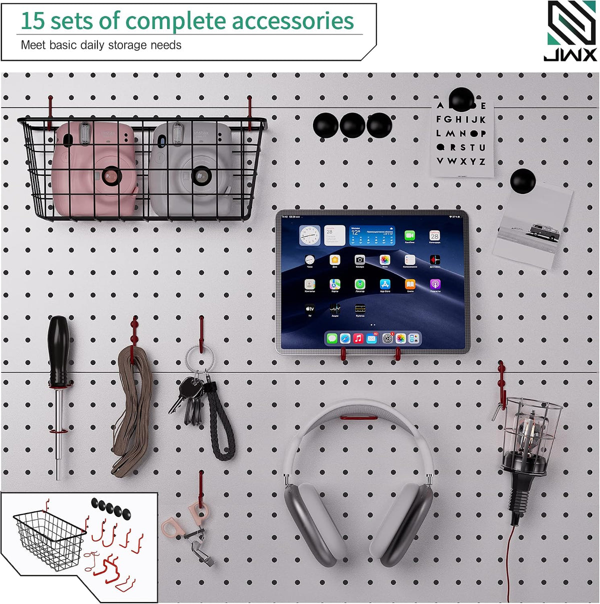 JWX Standing Pegboard Shelf Unit, White Gaming Home Office Garage Cabinets wi...