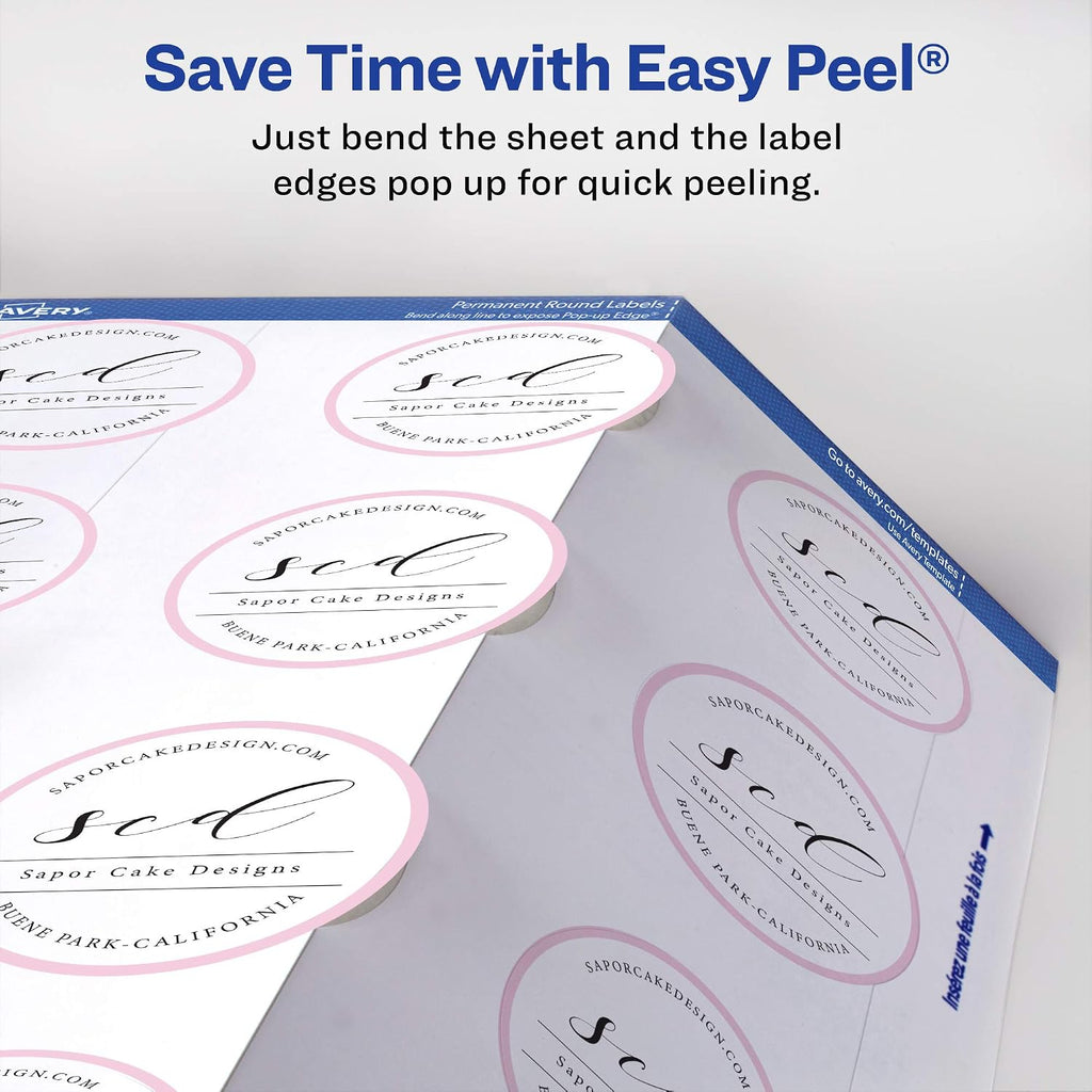 Avery® Printable Round Labels, Sure Feed® Technology, 2" Diameter, Matte White, Laser & Inkjet Compatible, 300 Blank Labels Total, Great for Branding, Packaging, Events, and More (22877)