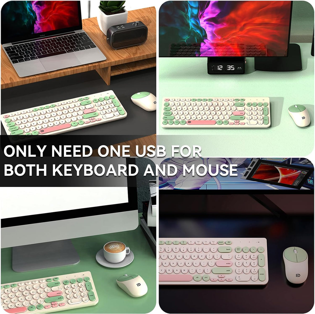 FD Wireless Keyboards and Mouse Combo - 2.4GHz USB Cordless, Cute Wireless Ke...