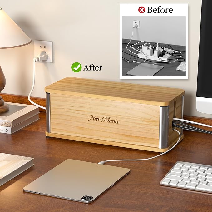Delamu Wooden Cable Management Box, Retro-Inspired Look Desk Cord Organizer Box - Image 8