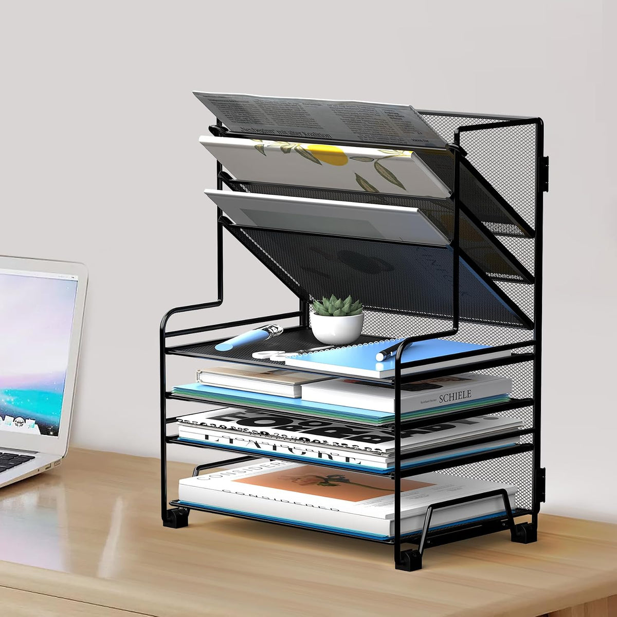 MINDEPOT 4-Tier Paper Organizer + 3-Pocket File Holder + Drawer + Pen Holders...