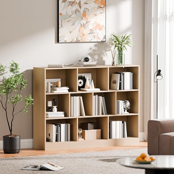 Cozy Castle Oak Bookshelf, 3-Tier Open Shelf Bookcase, 10 Cube Storage Organizer - Image 8