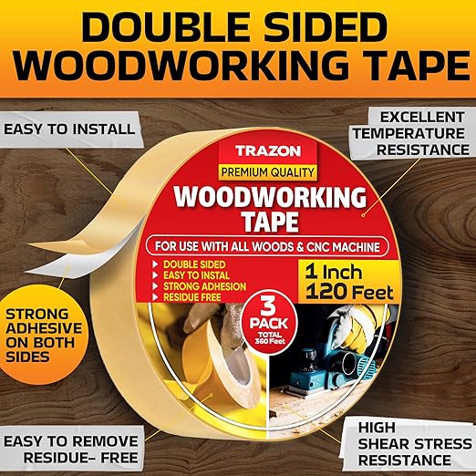 Trazon Double Sided Woodworking Tape Super Strong, 3 Pack, 1 Inch x 120 Feet - Image 2