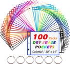 Oleitodh 100 Packs Oversized Reusable Dry Erase Pocket Sleeves with 6 Rings, 20 Assorted Colors 10x14 Ticket Holders, Clear Plastic Sheet Protectors, Teacher School Classroom Supplies