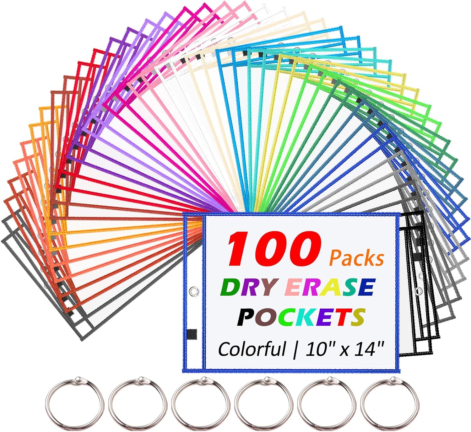 Oleitodh 100 Packs Oversized Reusable Dry Erase Pocket Sleeves with 6 Rings, 20 Assorted Colors 10x14 Ticket Holders, Clear Plastic Sheet Protectors, Teacher School Classroom Supplies