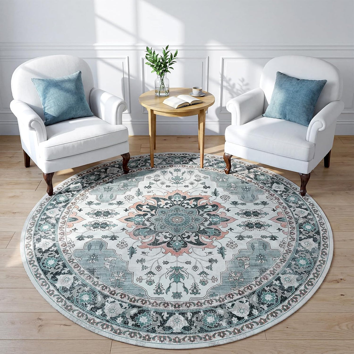 6ft Round Washable Rug for Reading Nook, Soft Vintage Floral Carpet