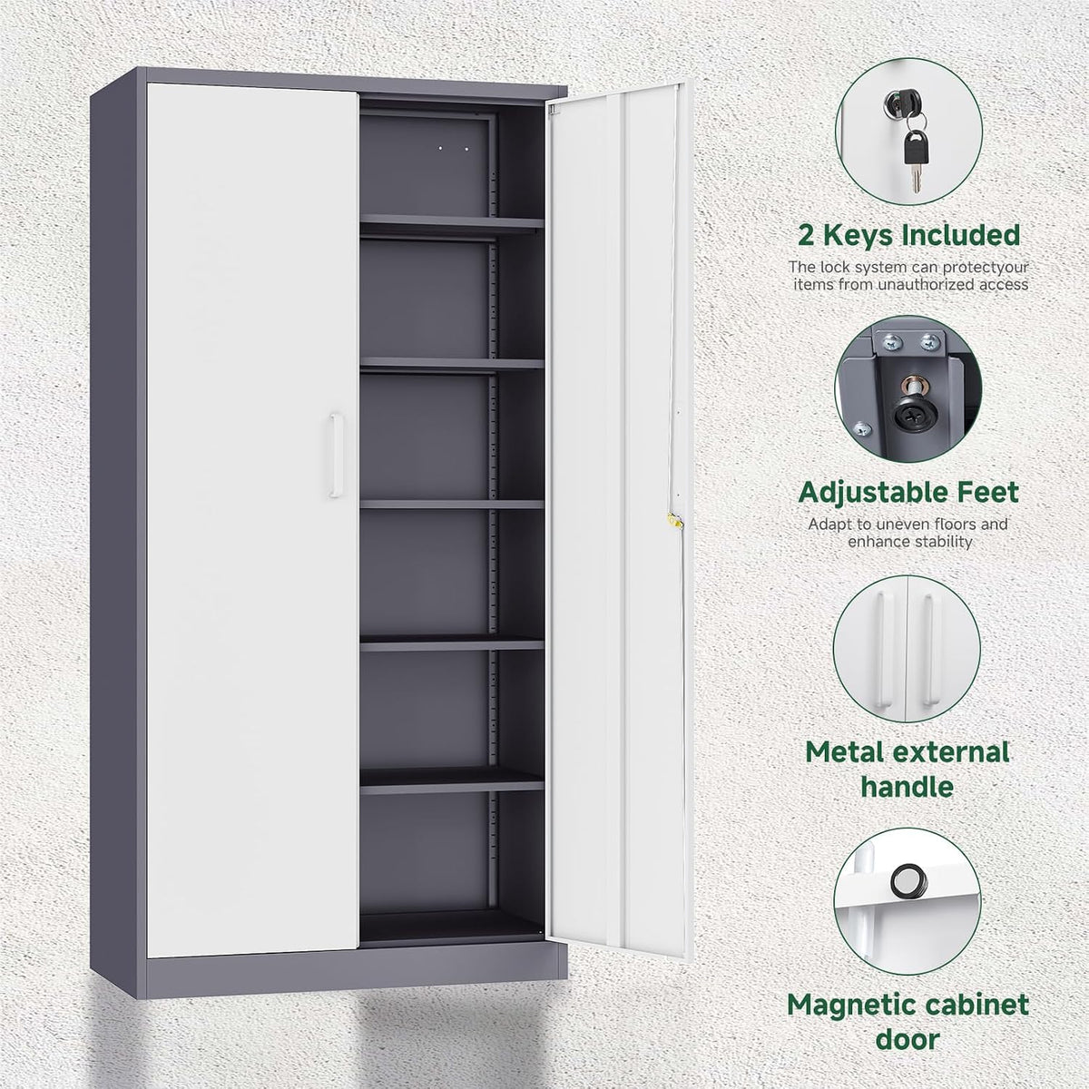 letaya metal storage cabinet with lock door and showing dimensions