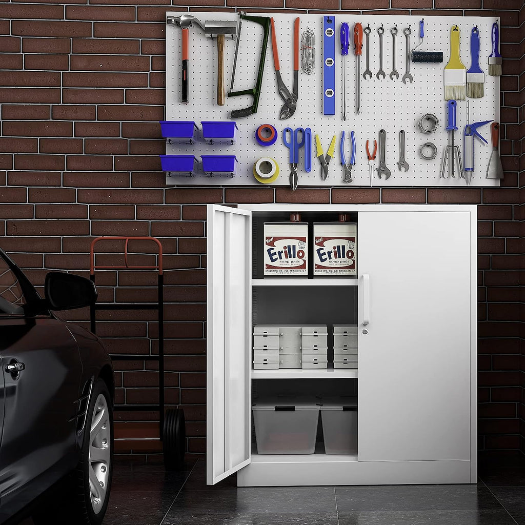 Metal Storage Cabinet, Lockable Steel Storage Cabinet with 2 Doors and Shelves, Metal Cabinet with Lock, Small Locking Cabinet for Home Office (White)