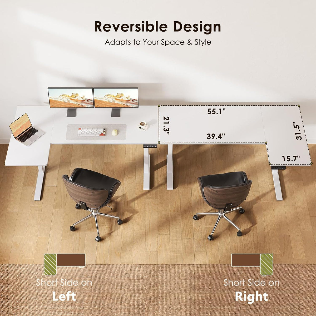 OffiGo 55 Inch Reversible L Shaped Electric Standing Desk, White