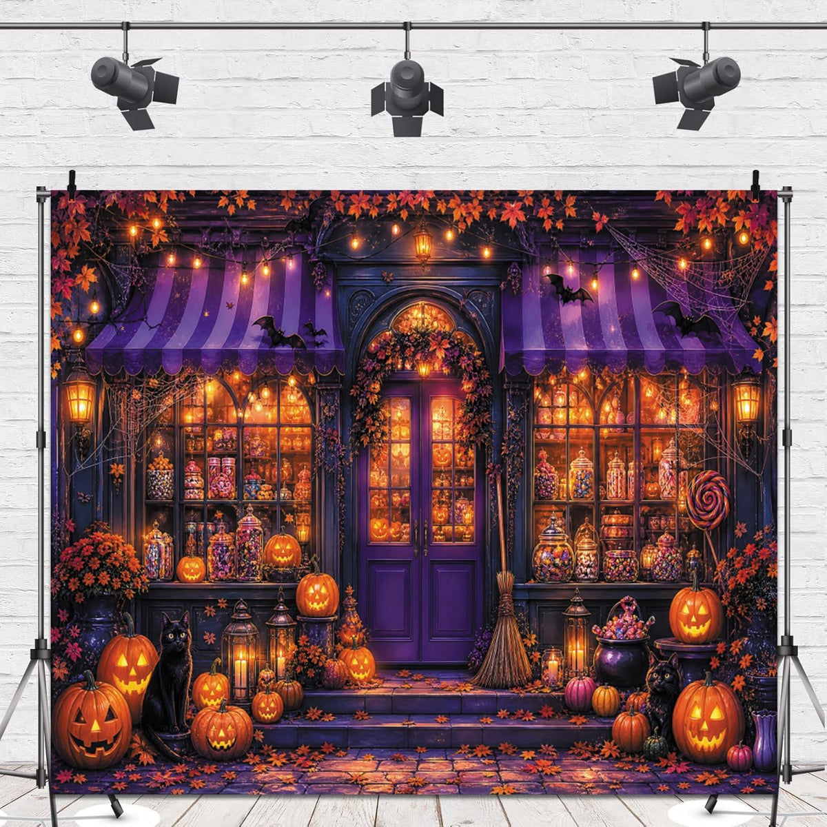 10x8ft Halloween Candy Shop Photography Backdrop Magic Witch Pumpkin Banner