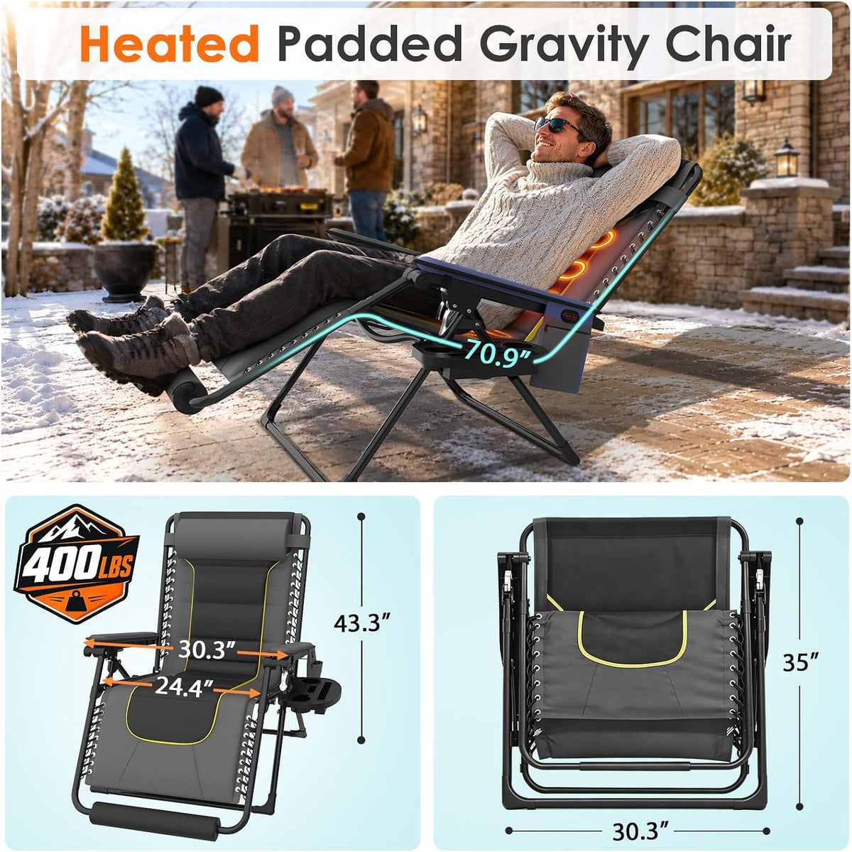 Suteck Heated Zero Gravity Chair, 400LBS 30.3" Padded Antigravity Chairs