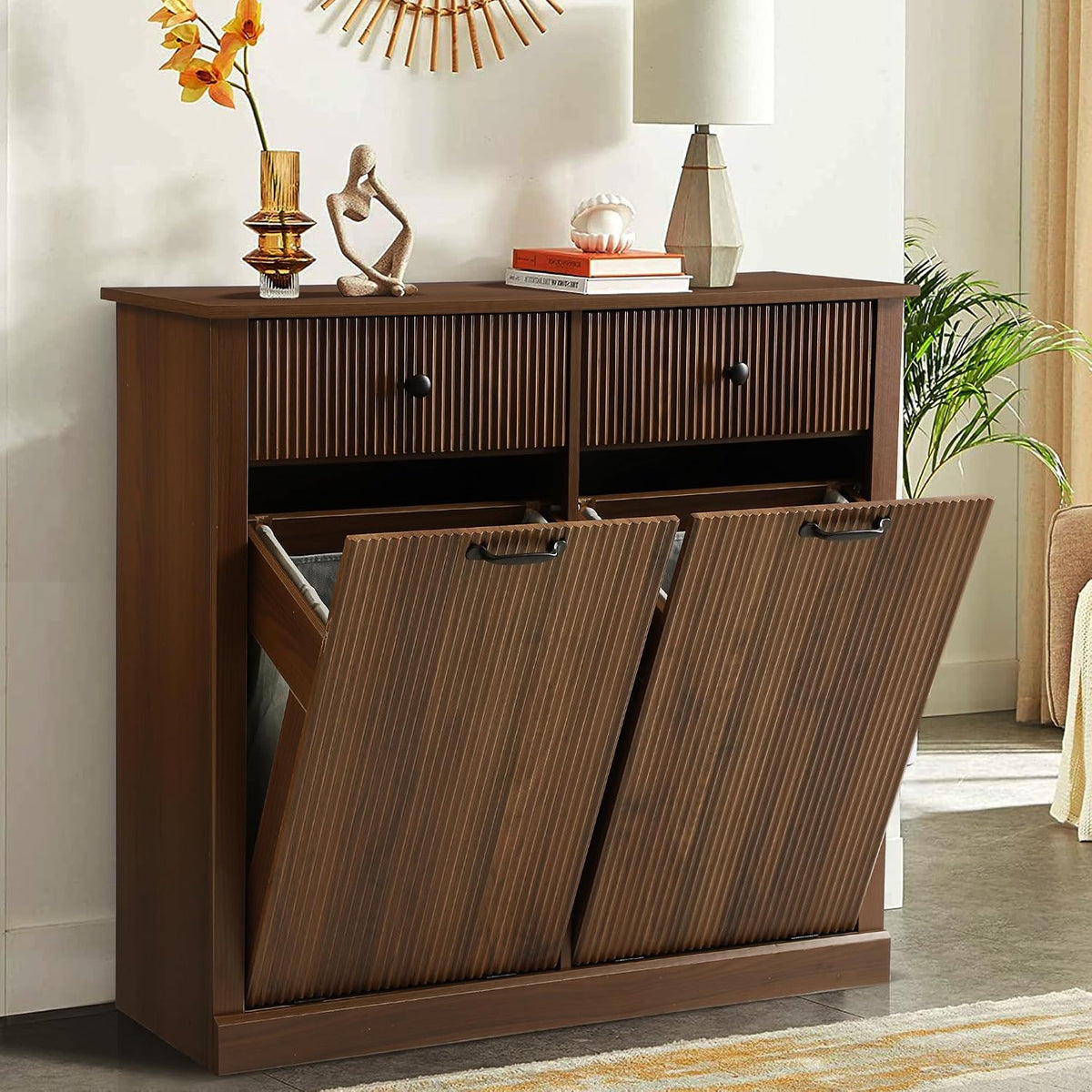 Double Tilt Out Laundry Hamper Cabinet, Modern Fluted Trash Can Cabinets with...