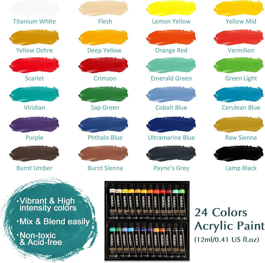 viswin 62 pcs acrylic paint set with easel showing dimensions