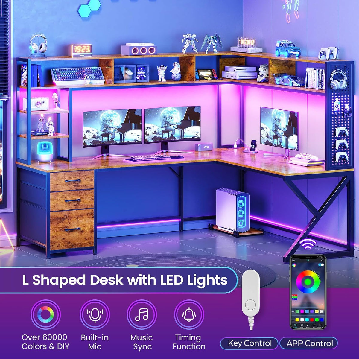 SEDETA L Shaped Computer Desk with Hutch, 3 Drawers, Shelves