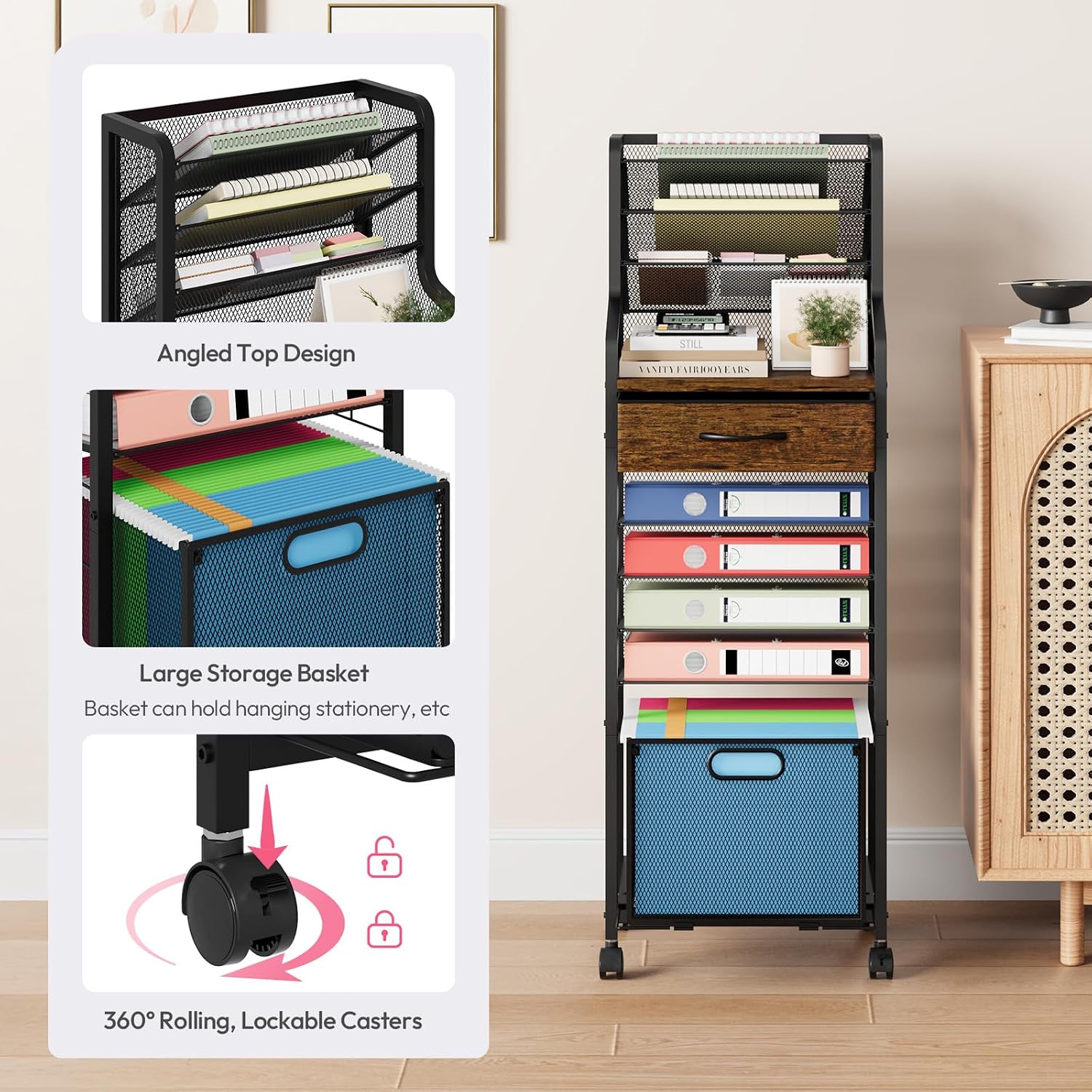 SWTYMIKI 10-Tier Rolling File Cart - Mesh Paper Organizer with Drawer & Hanging File Folders on Lockable Wheels, Rolling File Cabinet for Office Organization, Storage in Home, Studio, School, Espresso