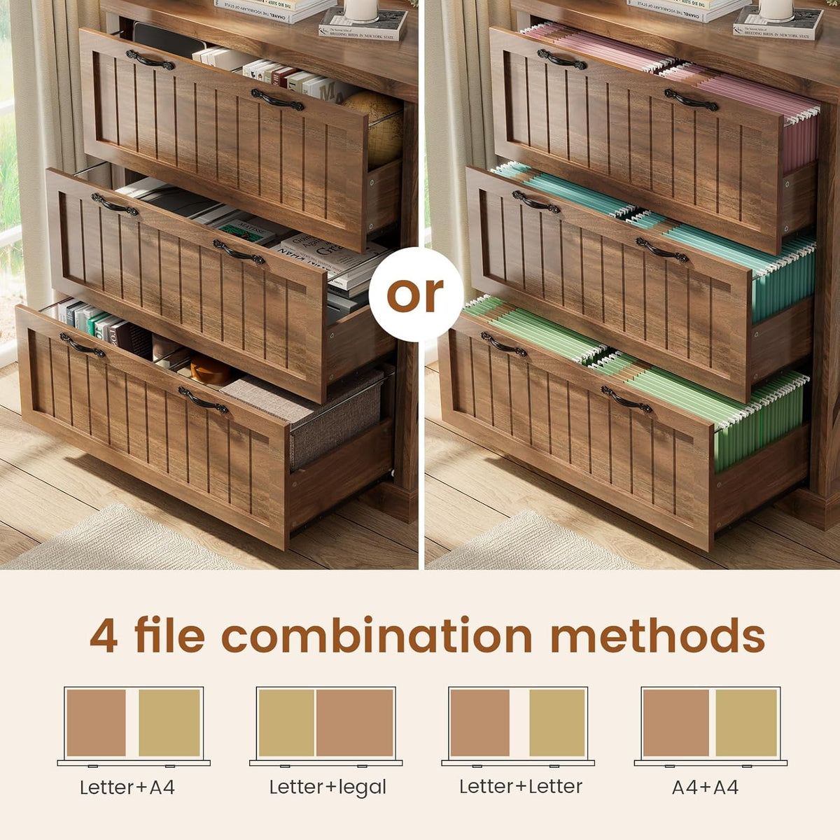 sedeta farmhouse 3 drawer file cabinet for home, close-up detail