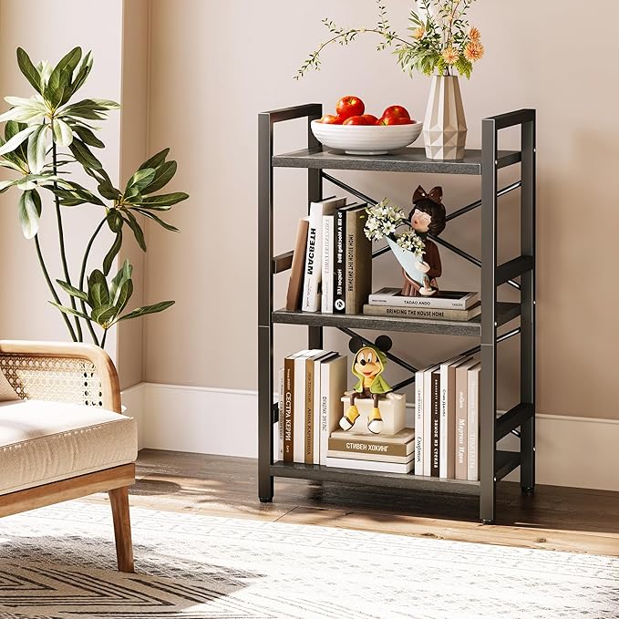 Homeiju Bookshelf, 3 Tier Industrial Bookcase, Metal Small Bookcase, Rustic - Image 6