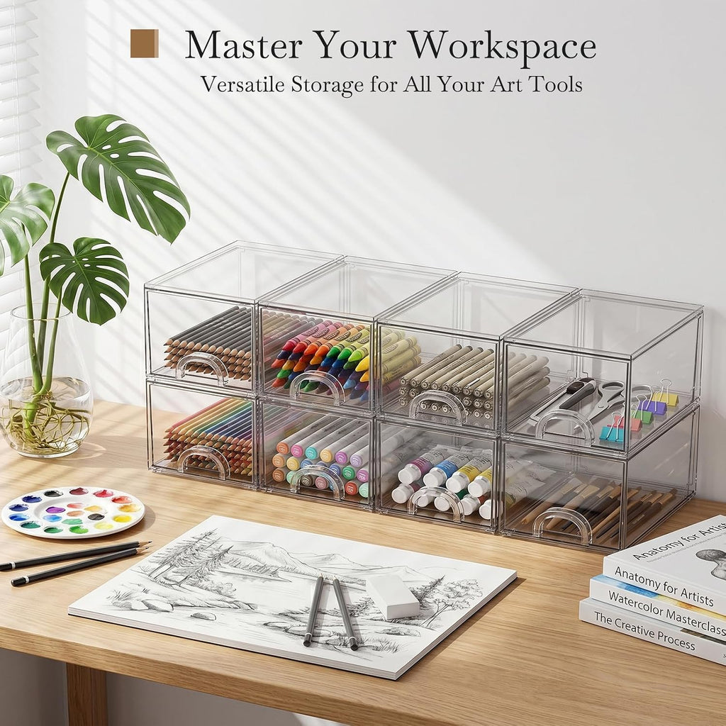 small clear stackable acrylic storage boxes & drawers, close-up detail