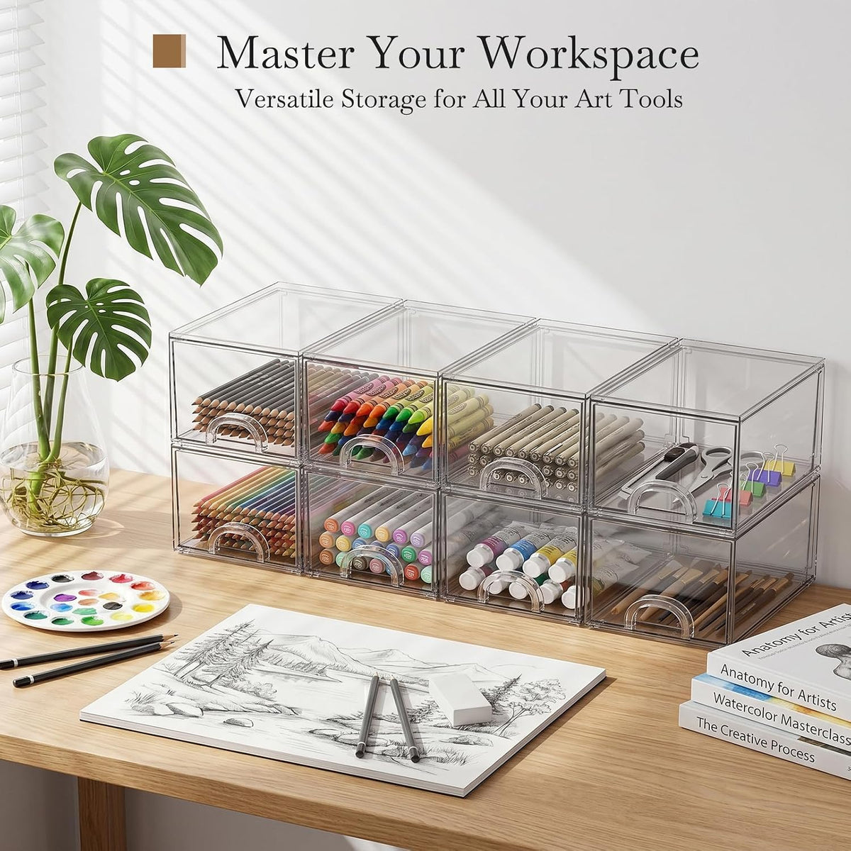 small clear stackable acrylic storage boxes & drawers, close-up detail