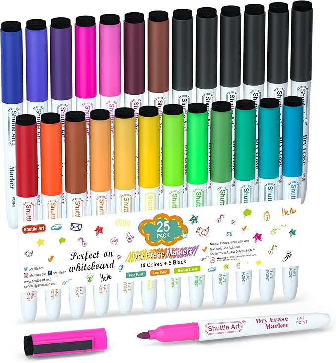 Shuttle Art Dry Erase Markers, 25 Pack 20 Colors Whiteboard Markers, Bundled by ShuttleArt