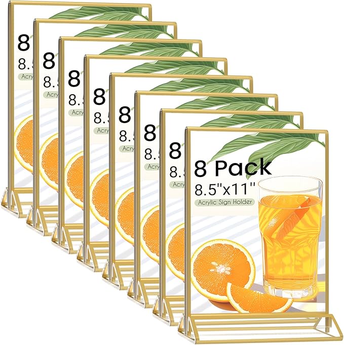 Smarpau 8 Pack Acrylic Sign Holder 8.5x11 Gold Acrylic Frame Clear Table Number by Smarpau
