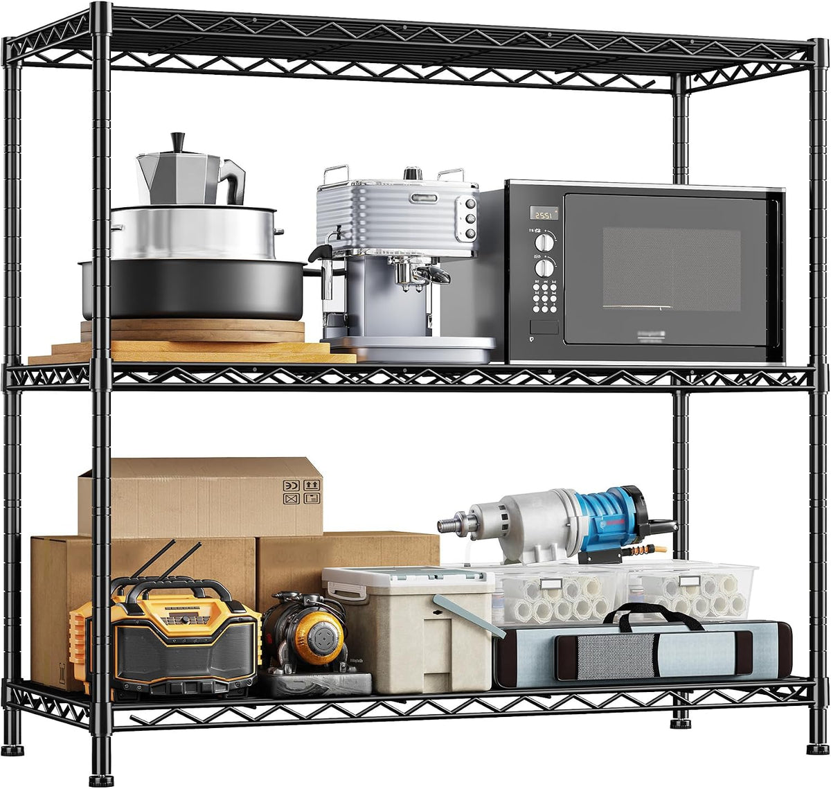 3- Shelf Metal Shelving Unit 35.6Wx14Dx36H, Adjustable Storage Shelves Heavy