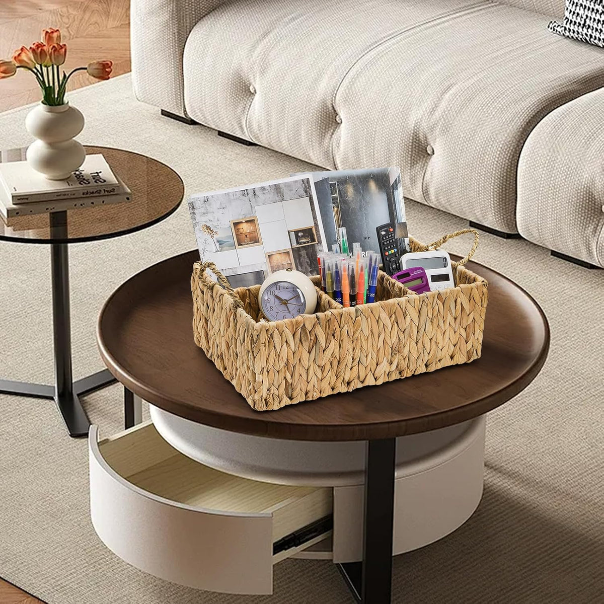 Divided Water Hyacinth Storage Basket, 4 Section Natural Wicker Storage Bin, ...