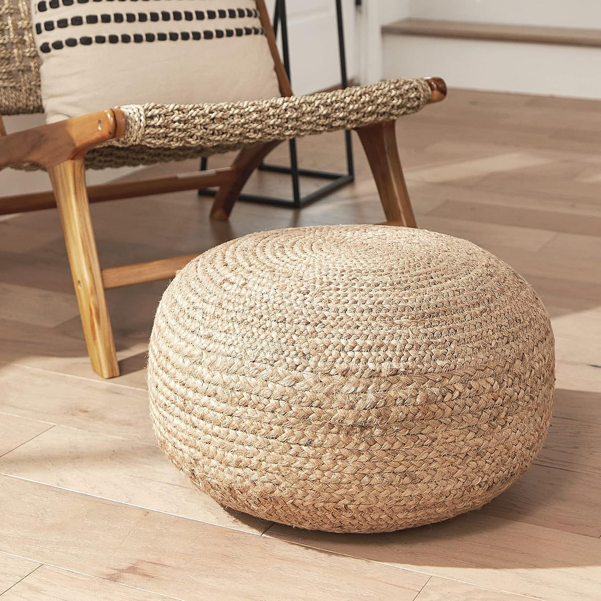 Decor Therapy Round Pouf Ottoman Footrest, Natural Jute Woven, Boho Pouf, Boh...