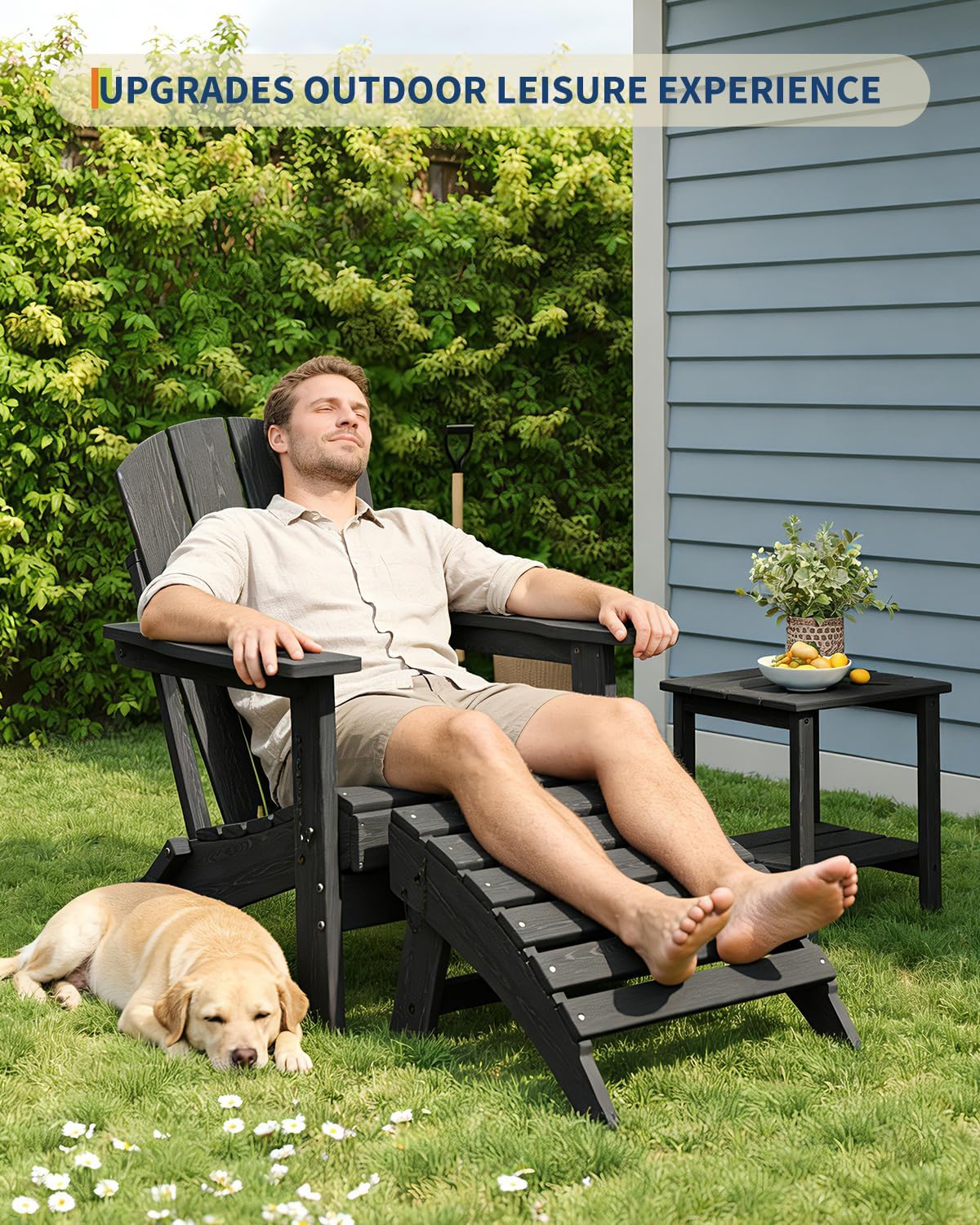 Folding Adirondack Ottoman, HDPE Footrest for Oudoor Chair, Black
