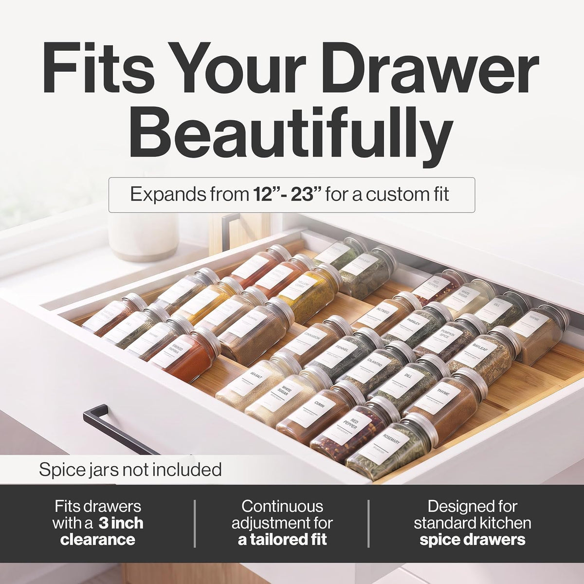 Bamboo Spice Drawer Organizer, Expandable 12 to 23 Inch Insert Holds 48 Jars,...