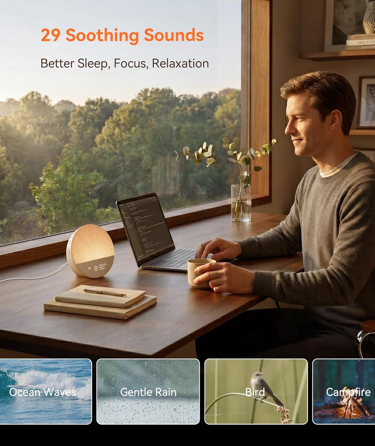 dreamegg sunrise alarm clock, natural wake up light showing dimensions